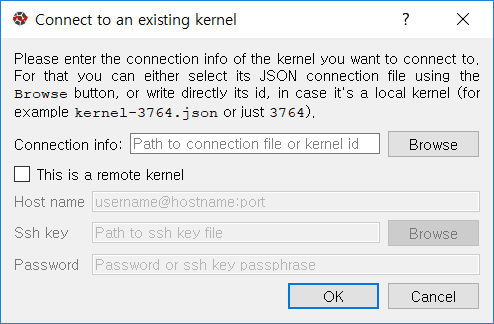 connect existing kernel 선택, browse 메뉴를 눌러 json 파일을 선택